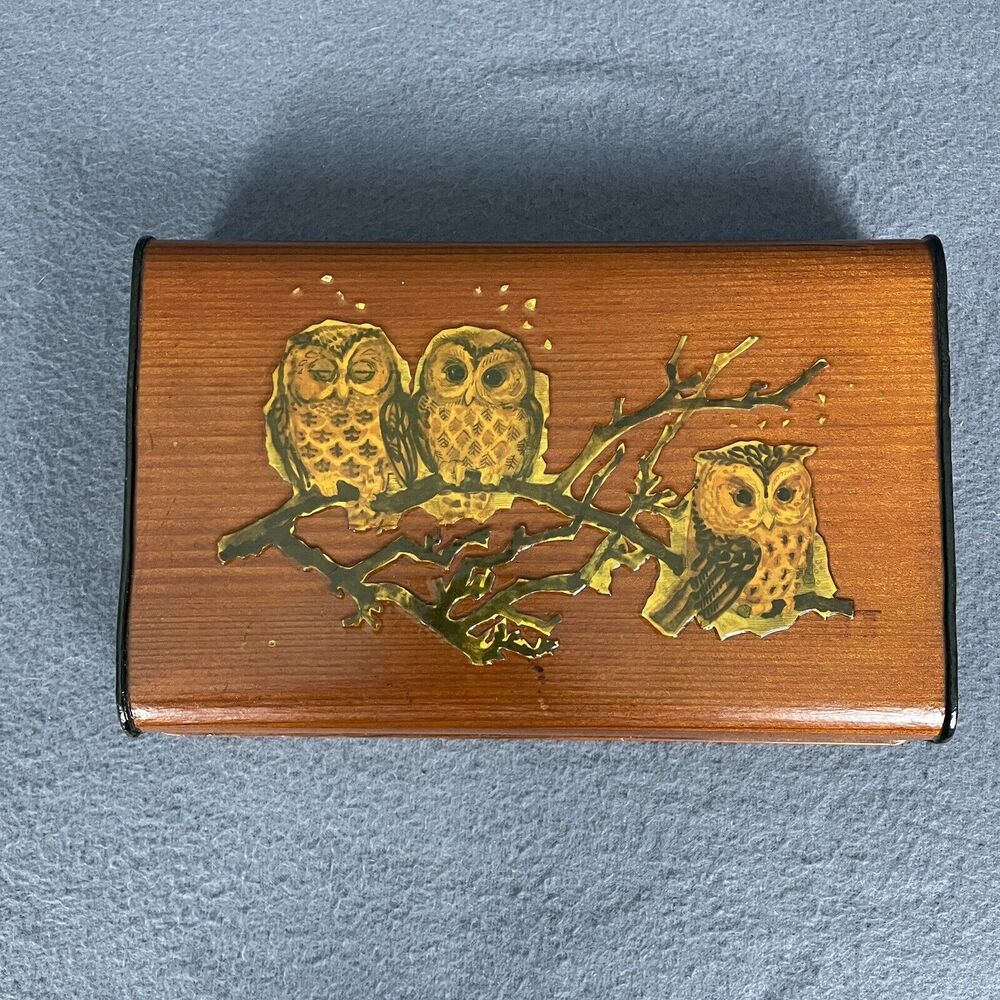 Vintage Wood Box Owl Illustrated Decoupage w/ Yellow White Interior - Picture 2 of 12